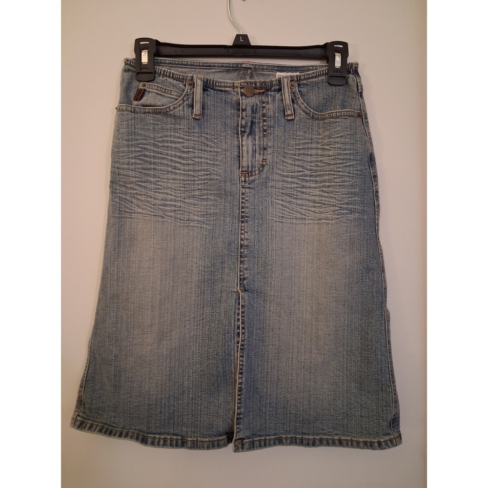 Mudd Vintage Y2K Light Wash Denim Midi Skirt Front Slit Size 1 Juniors Blue